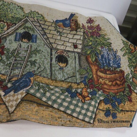 Birds & Birdhouse themed tapestry table runner Floral Spring Plaid - Picture 1 of 16